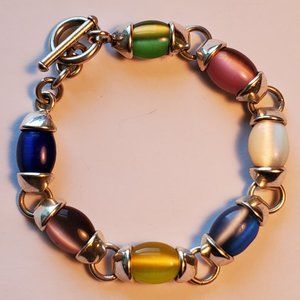 Stunning Vintage Chunky 925 Mexico Rainbow Cats Eye Bead Toggle Bracelet 7 1/2"